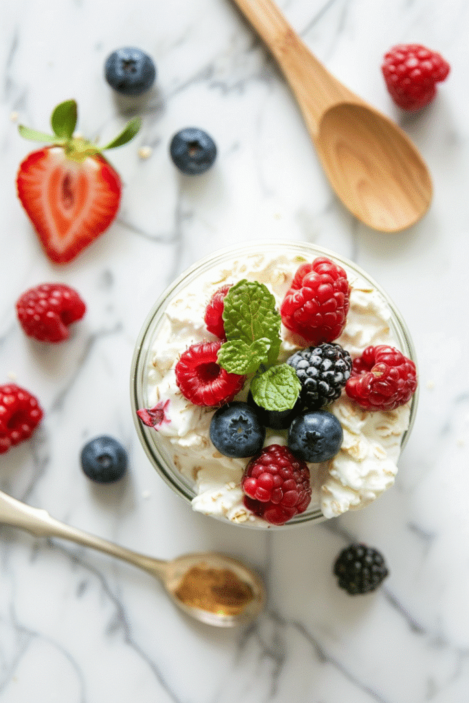 served cottage cheese overnight oats with berries