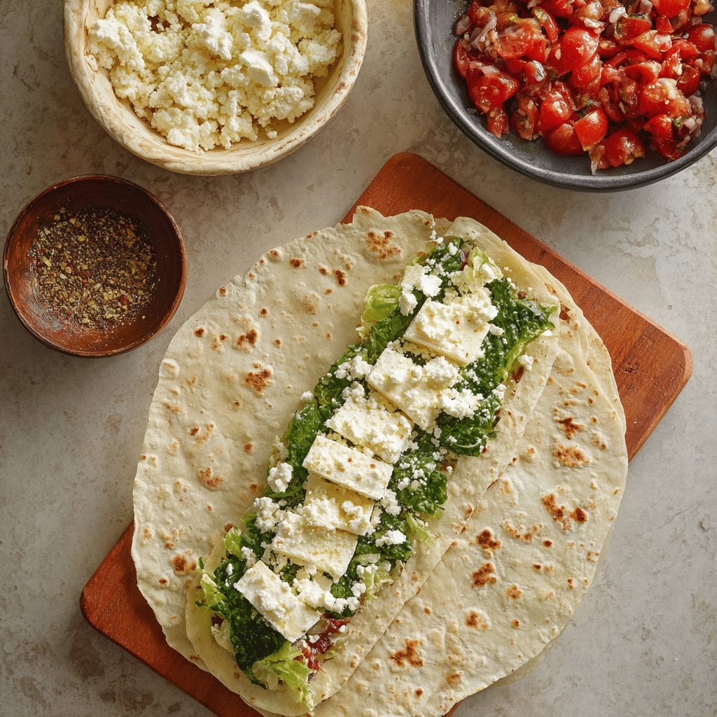 assembled spinach egg white wrap with feta and fresh greens on tortilla