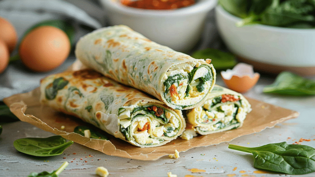 sheet pan spinach egg white wraps breakfast on rustic table