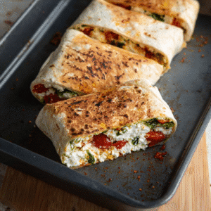 grilled spinach egg white wraps with tomato and cheese filling on sheet pan