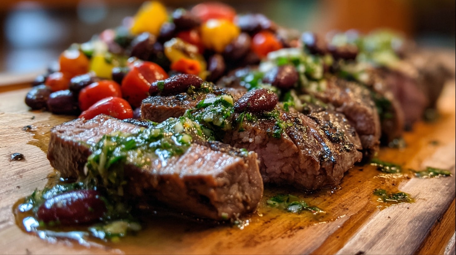 Steak chimichurri dense bean salad with grilled steak and fresh herbs