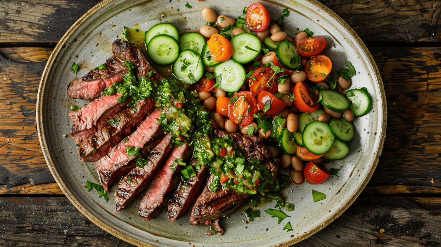 steak chimichurri dense bean salad on a rustic plate