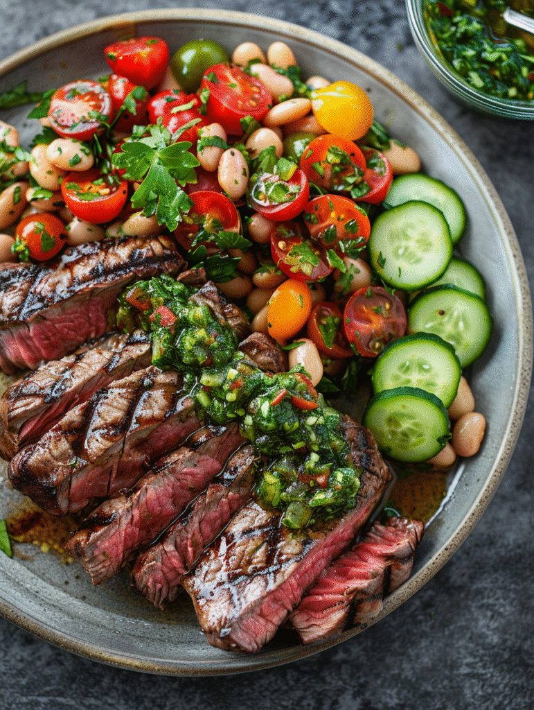 steak chimichurri dense bean salad on a rustic plate