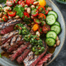steak chimichurri dense bean salad on a rustic plate