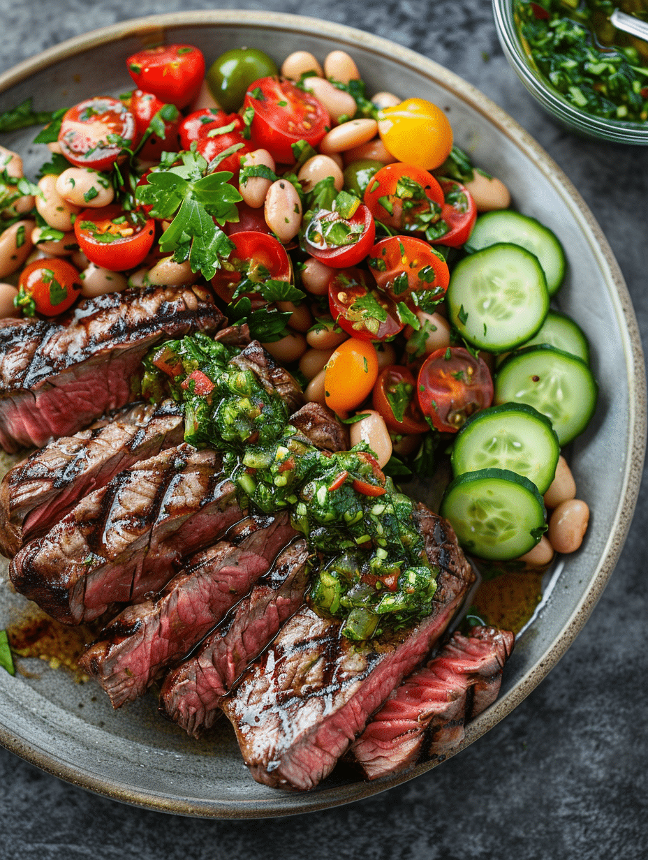 steak chimichurri dense bean salad on a rustic plate