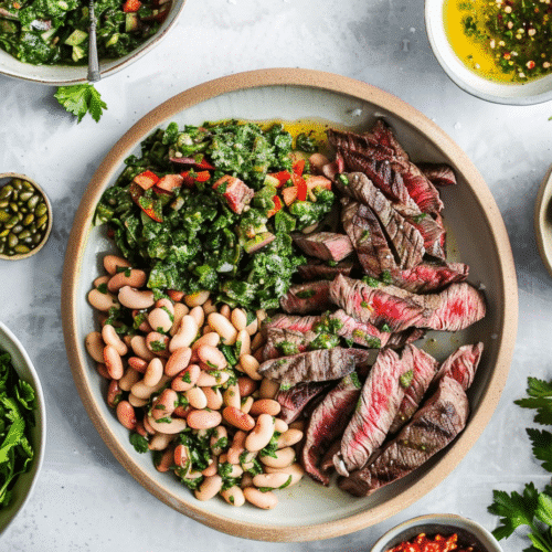 steak chimichurri dense bean salad recipe card