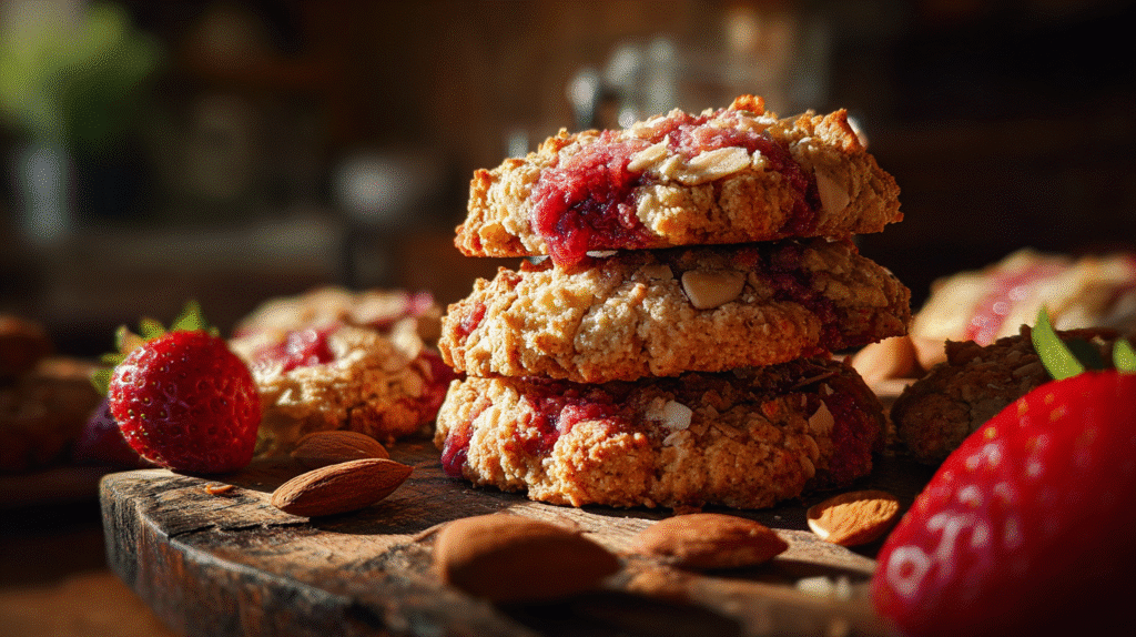 Strawberry crumble almond cookies gluten free on a rustic table