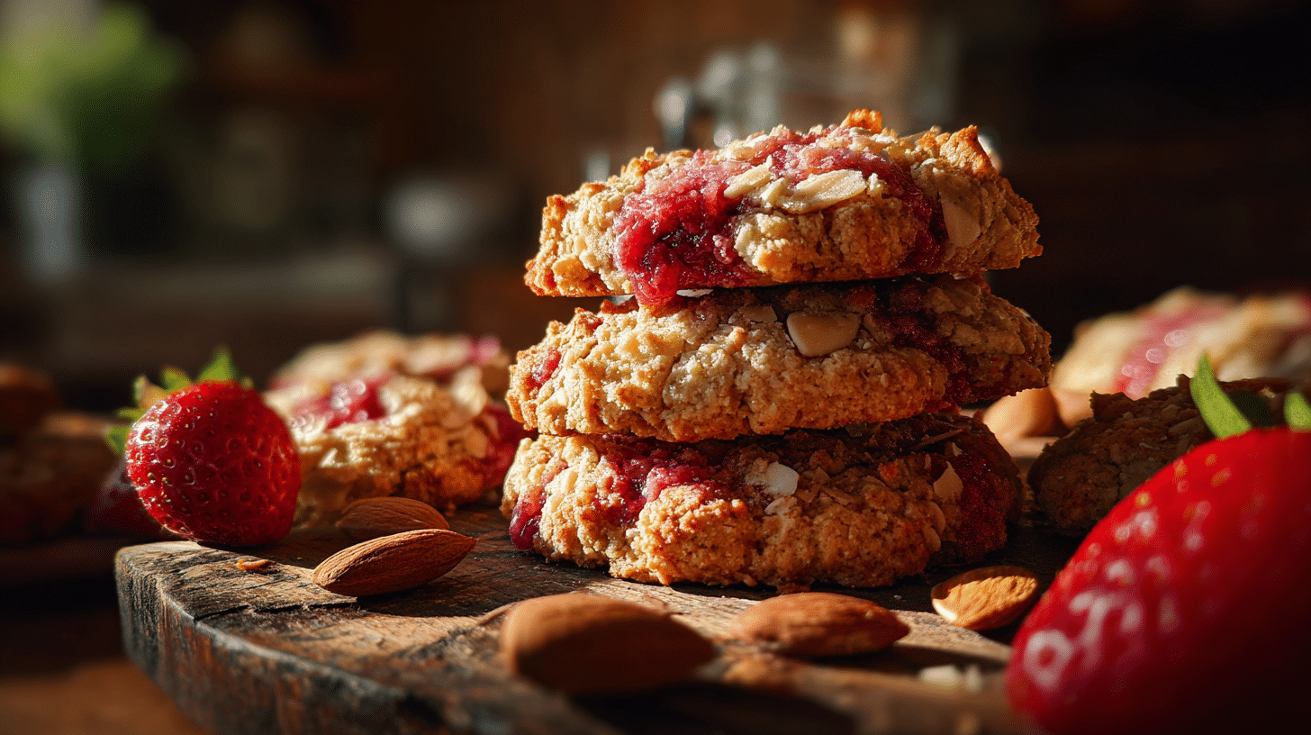 Strawberry crumble almond cookies gluten free on a rustic table