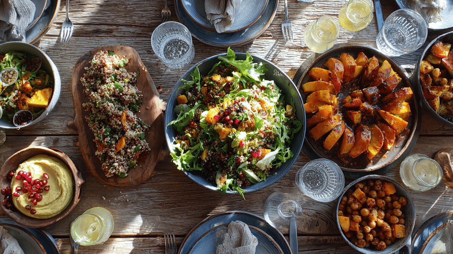 Colorful vegetarian gluten free recipes dinner spread