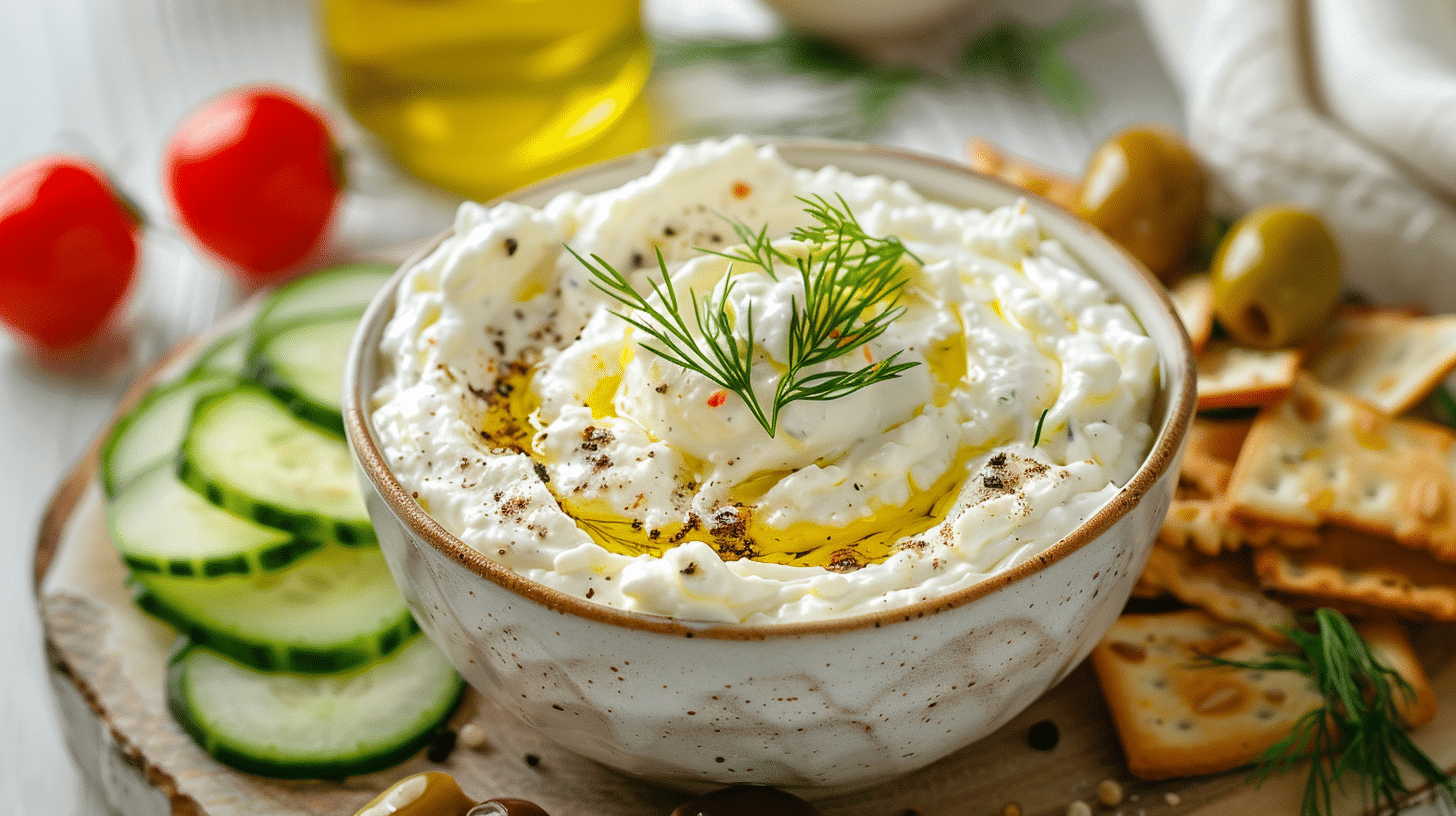 Whipped cottage cheese dip with vegetables and pita chips on a rustic board