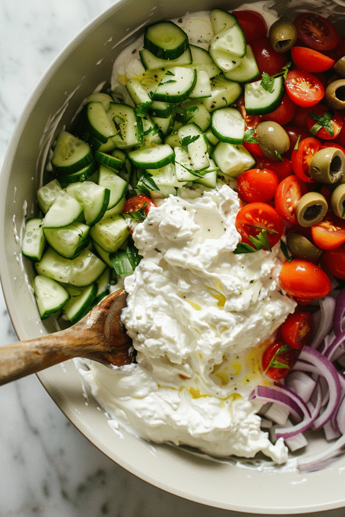 Whipped cottage cheese in a mixing bowl combined with diced cucumbers, cherry tomatoes, red onions, and sliced olives