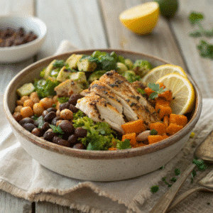 Rustic bowl of dense bean salad with shredded grilled chicken, roasted Brussels sprouts, black beans, chickpeas, carrots, and fresh herbs