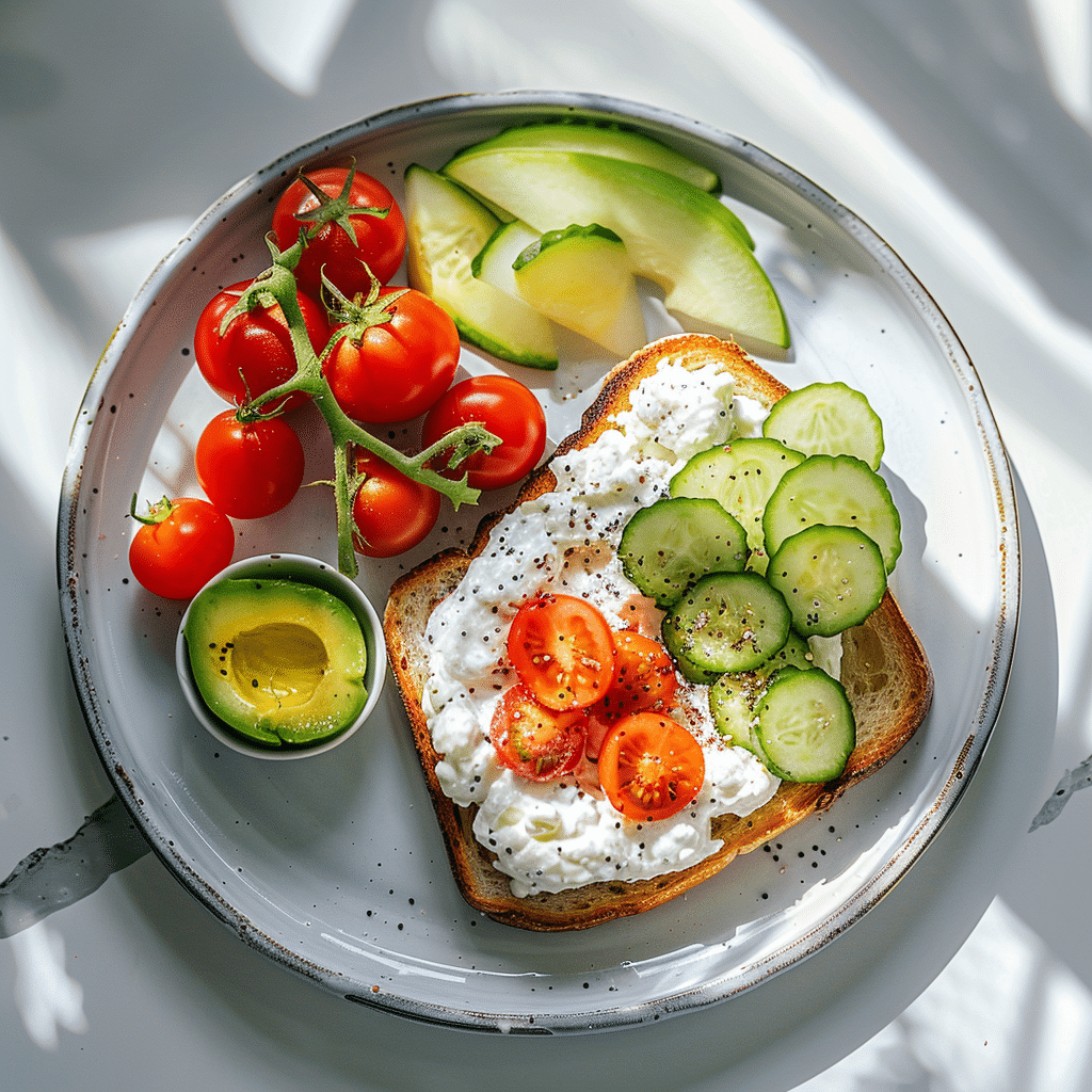 Balanced cottage cheese meal with fruits, vegetables, and whole grains
