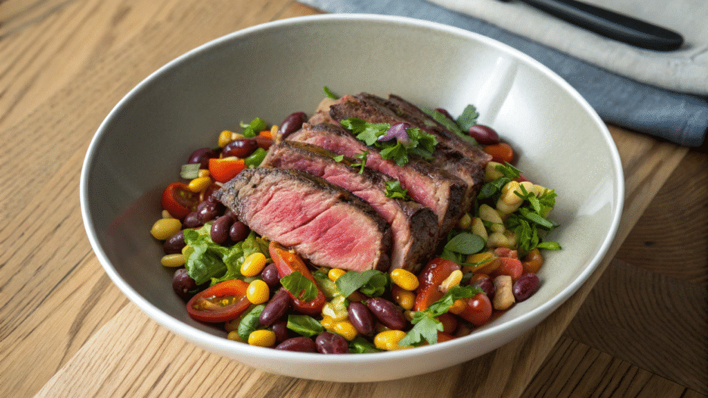 Butter Basted Steak Bean Salad in a rustic bowl