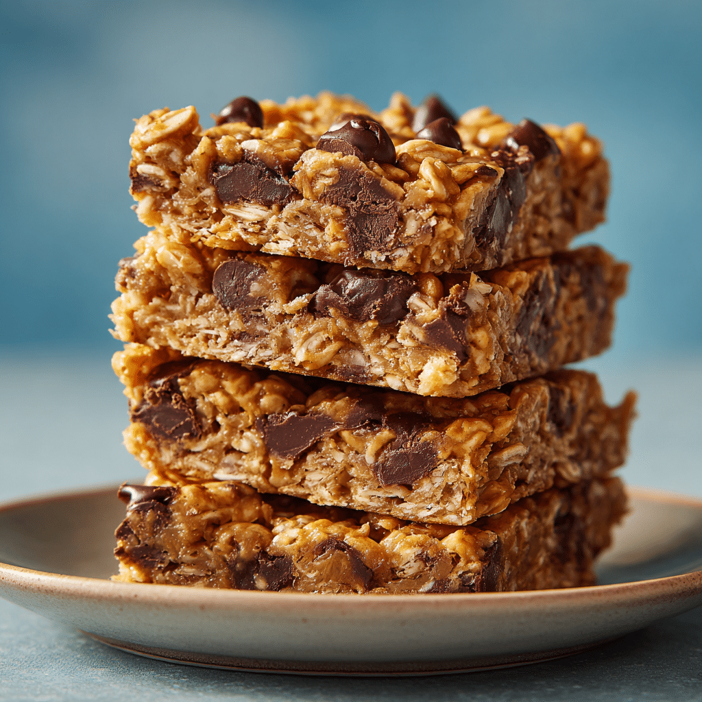 Chewy gluten-free bars made with oats, peanut butter, honey, and chocolate chips.