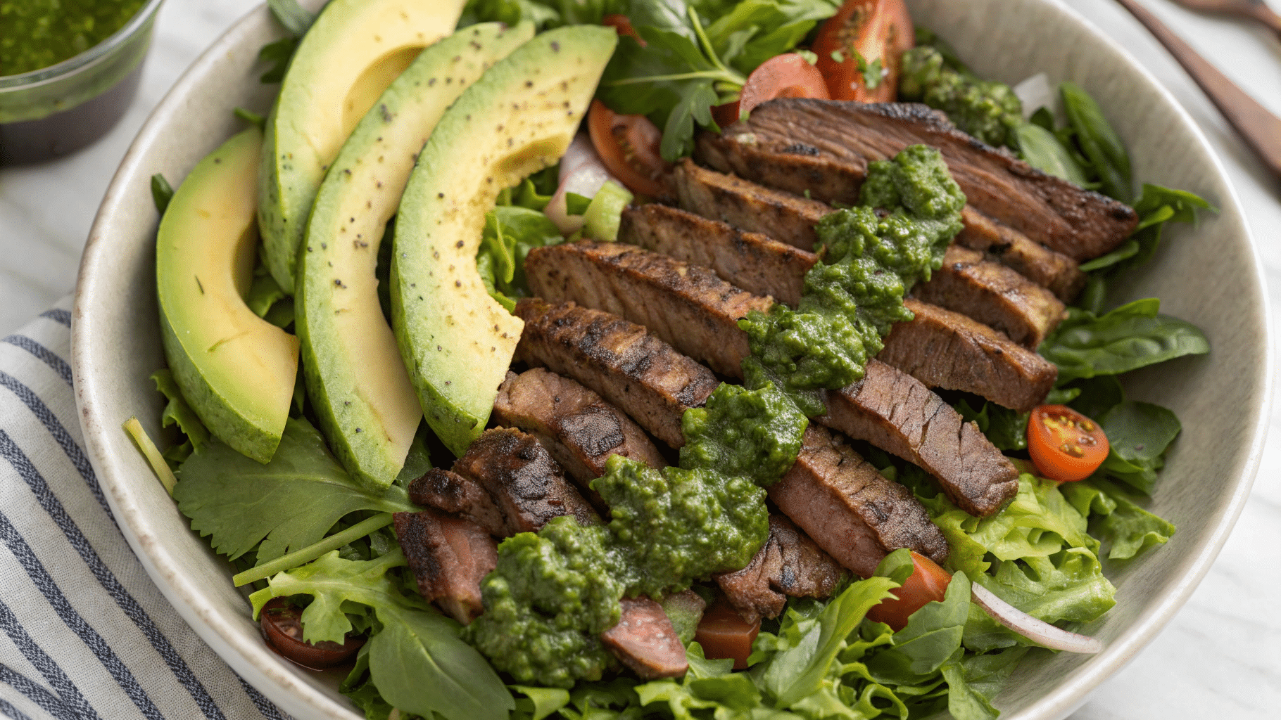 Chimichurri steak salad with avocado in a rustic bowl