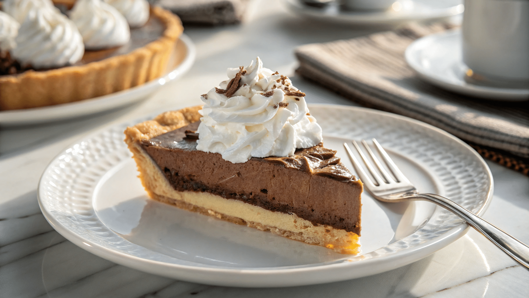 layered chocolate delight dessert slice on white plate