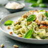 Creamy garlic pesto chicken pasta on a rustic plate