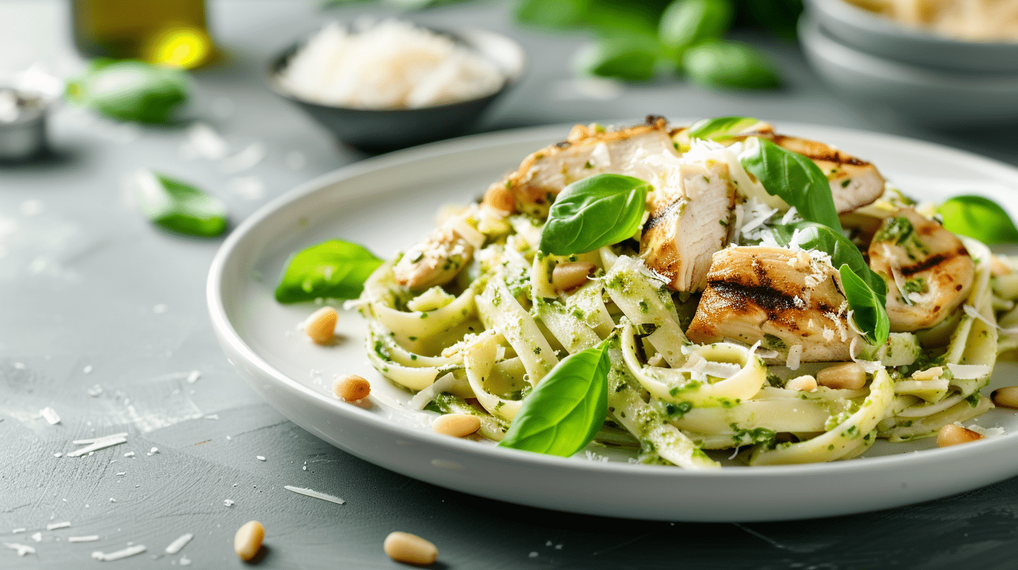 Creamy garlic pesto chicken pasta on a rustic plate