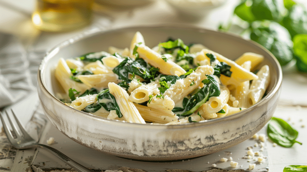Creamy spinach ricotta pasta served in a bowl