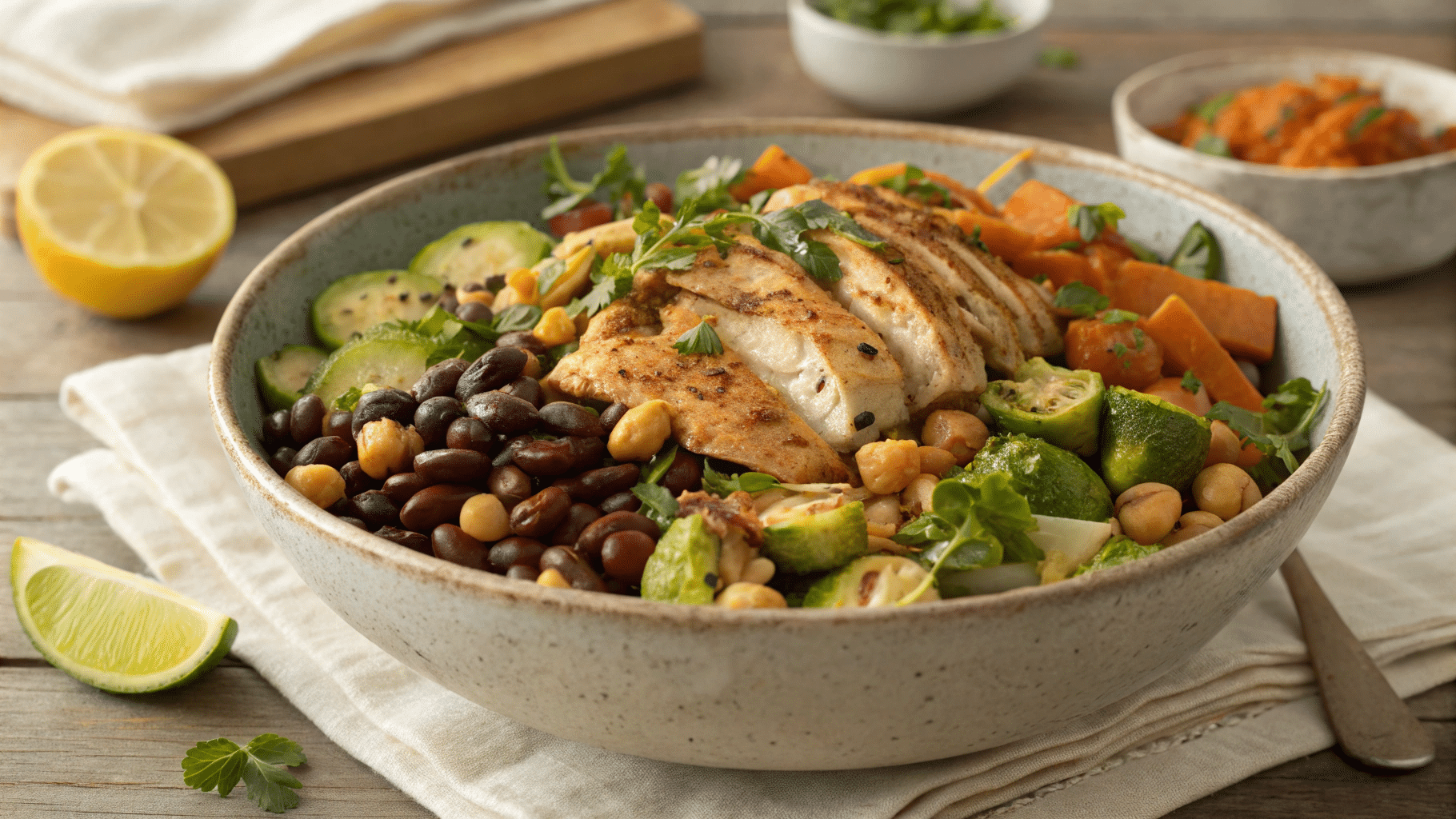 Rustic dense bean salad with chicken and Brussels sprouts in a bowl