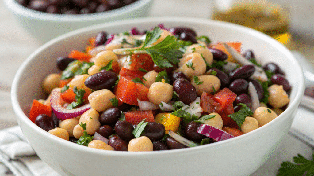 Dense bean salad meal prep with colorful veggies and herbs