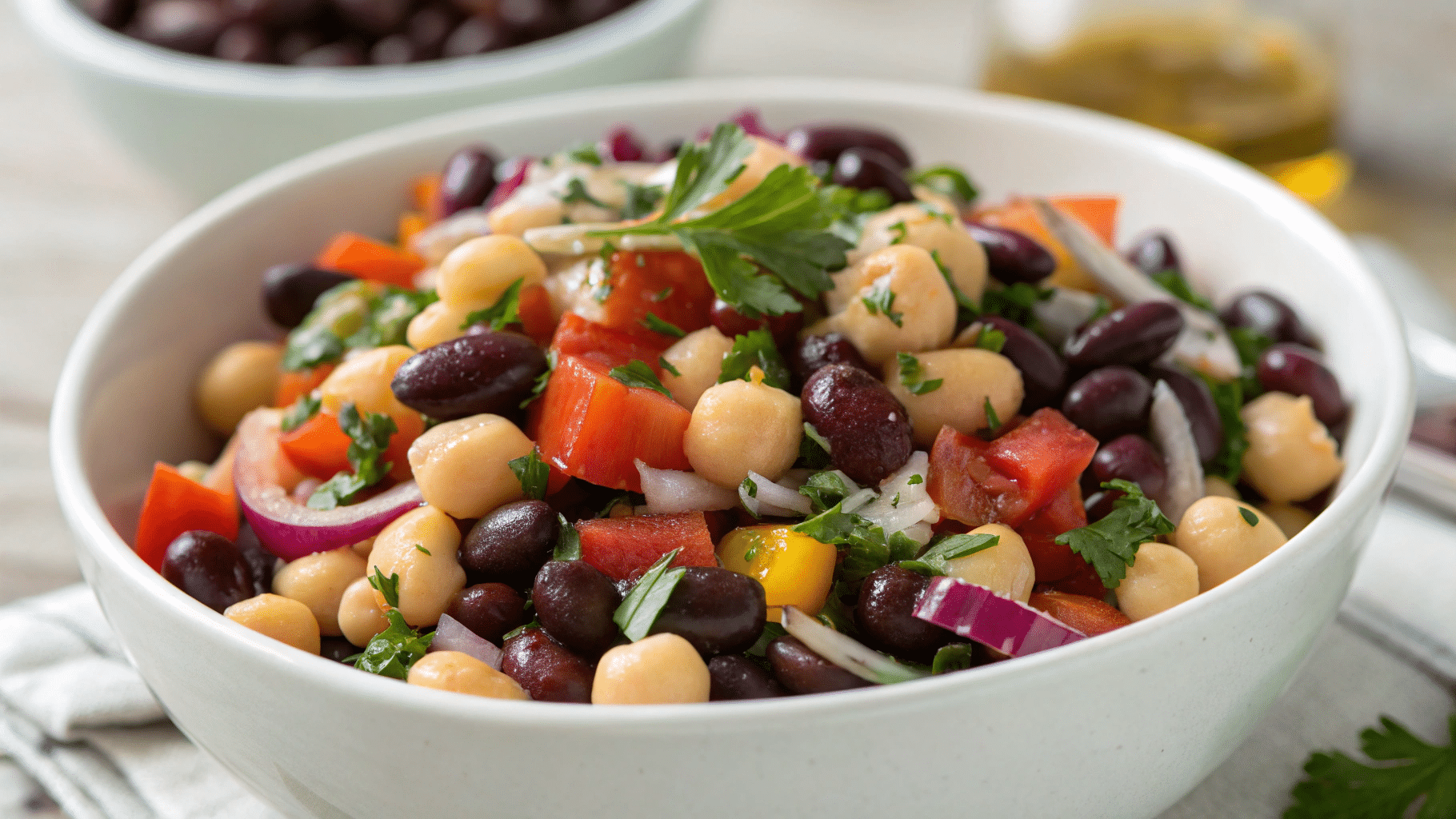 Dense bean salad meal prep with colorful veggies and herbs