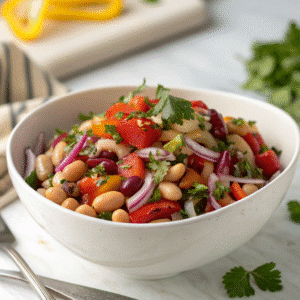 Dense bean salad meal prep with printed recipe card