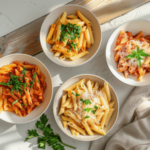 Four vegetarian gluten-free pasta dishes on a modern dining table,Vegetarian Gluten-Free Pasta Recipes for Weeknights