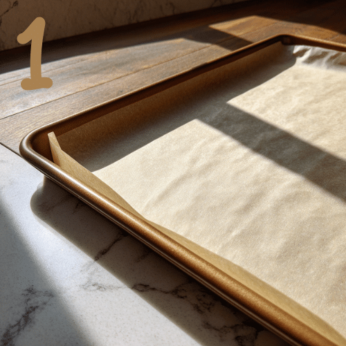 High-resolution close-up of a baking sheet lined with parchment paper for gluten-free peanut butter and chocolate chip cookies.