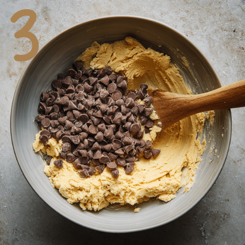 Gluten-free chocolate chips being folded into peanut butter cookie dough.