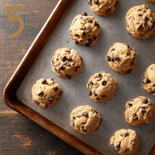 Gluten-free cookie dough scooped onto a baking sheet with space between for even baking.