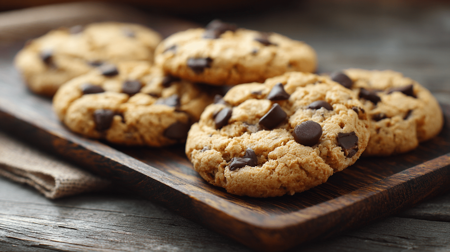 Gluten-Free Peanut Butter and Chocolate Chip cookies on wooden tray
