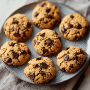 Gluten-free peanut butter and chocolate chip cookies on a stylish modern plate.
