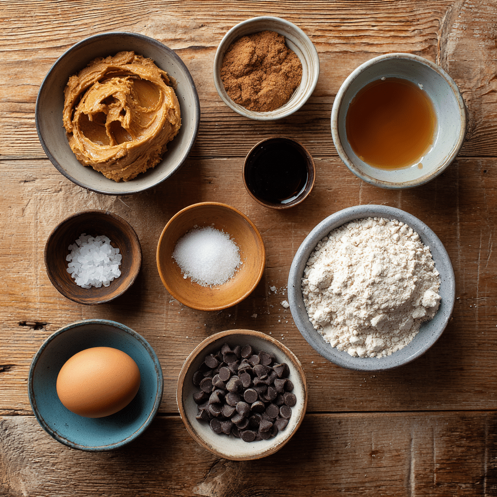 Flat lay of gluten-free peanut butter and chocolate chip cookie ingredients including peanut butter, brown sugar, egg, vanilla, baking soda, salt, chocolate chips, and gluten-free flour.