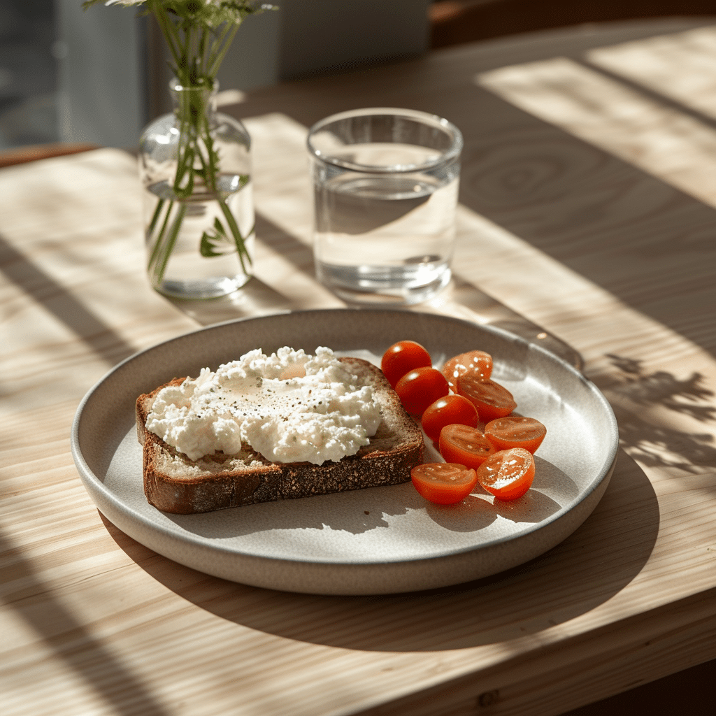 Healthy cottage cheese portion served with whole grains