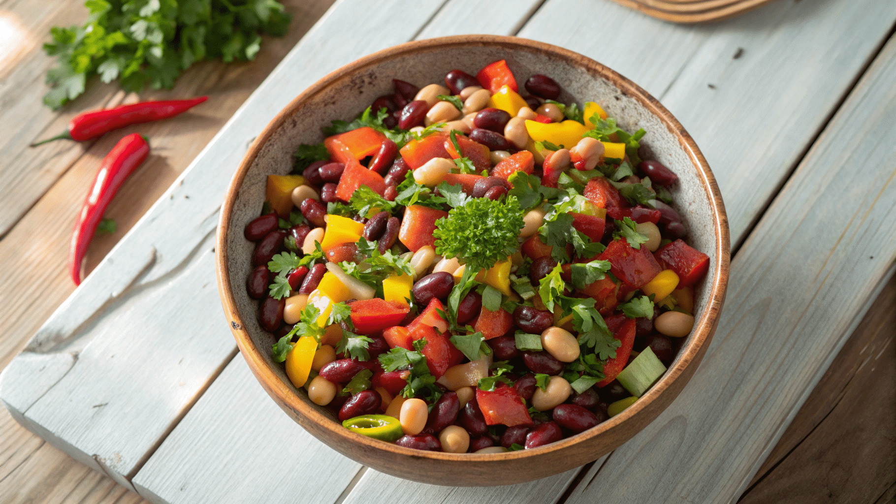High protein dense bean salad in a rustic bowl with mixed beans and fresh vegetables