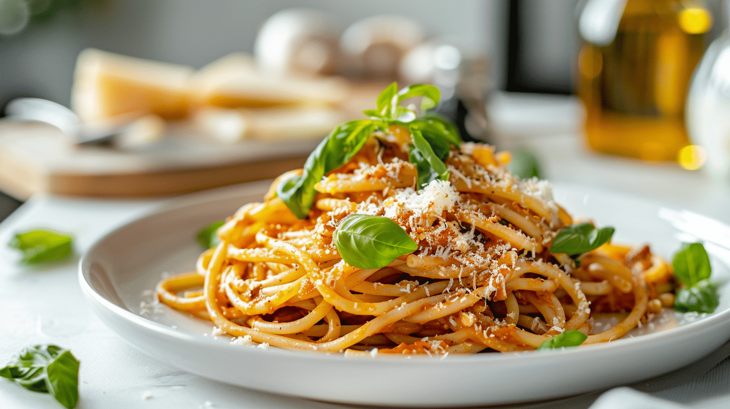 High-protein gluten-free pasta served in a rustic kitchen setting,High-Protein Gluten-Free Pasta Meals