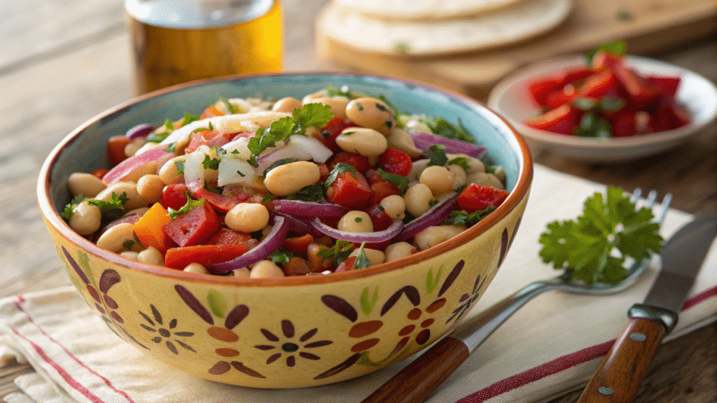 Italian cold bean salad dense in a rustic bowl on wooden table