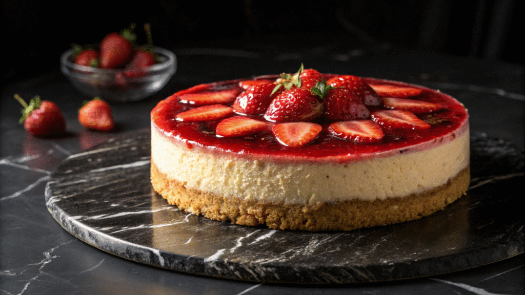 Luxury strawberry cheesecake slice with mirror glaze