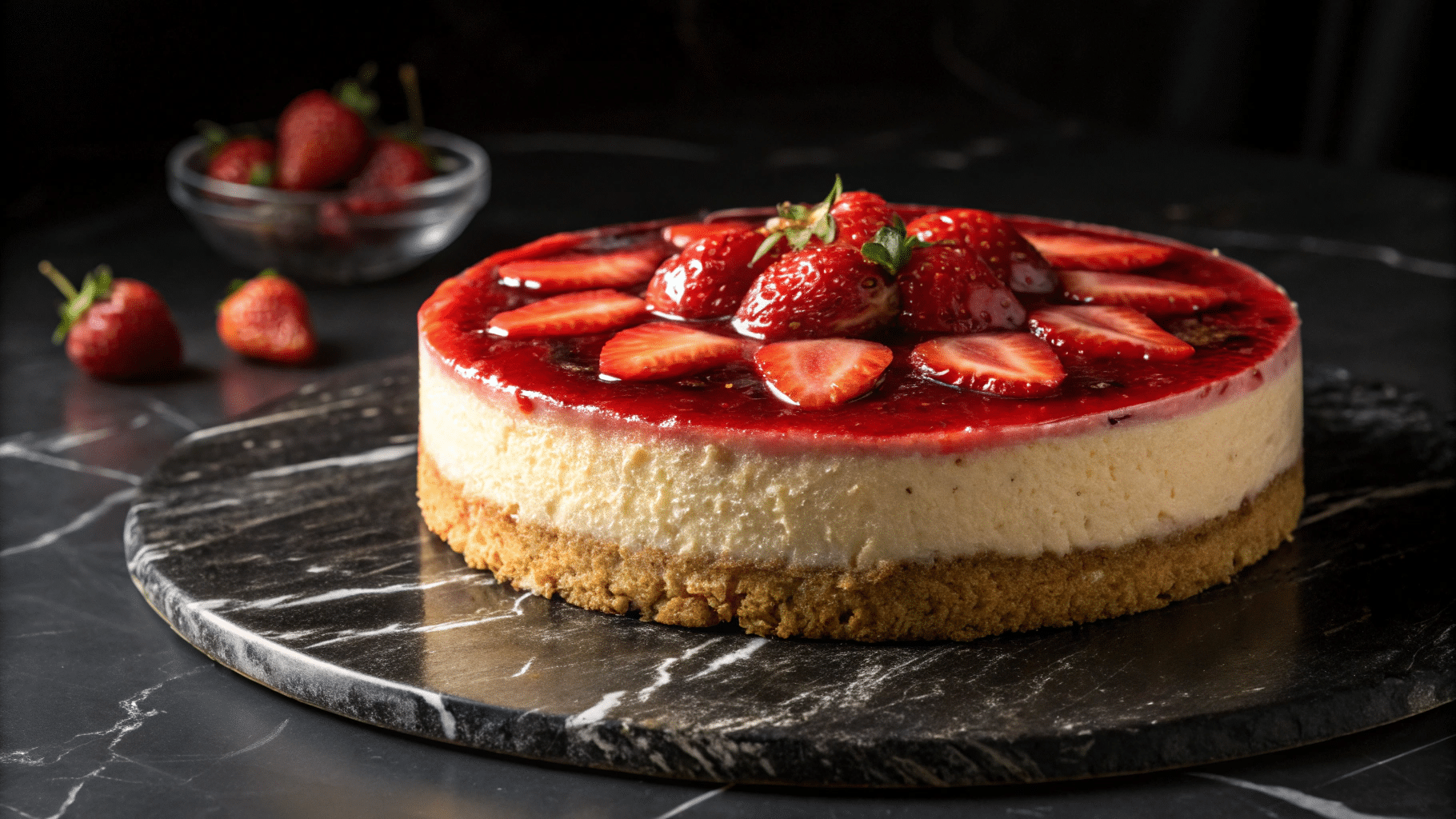 Luxury strawberry cheesecake slice with mirror glaze
