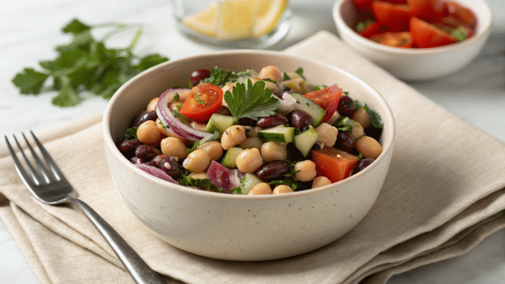 Mediterranean dense bean salad clean hero bowl