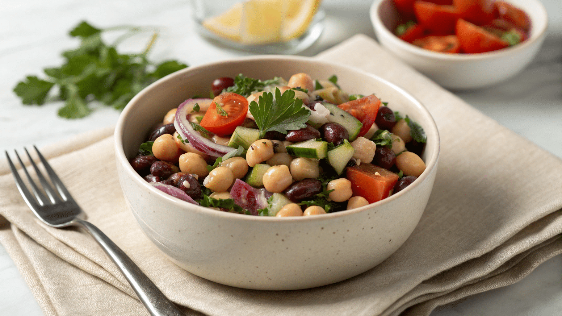 Mediterranean dense bean salad clean hero bowl