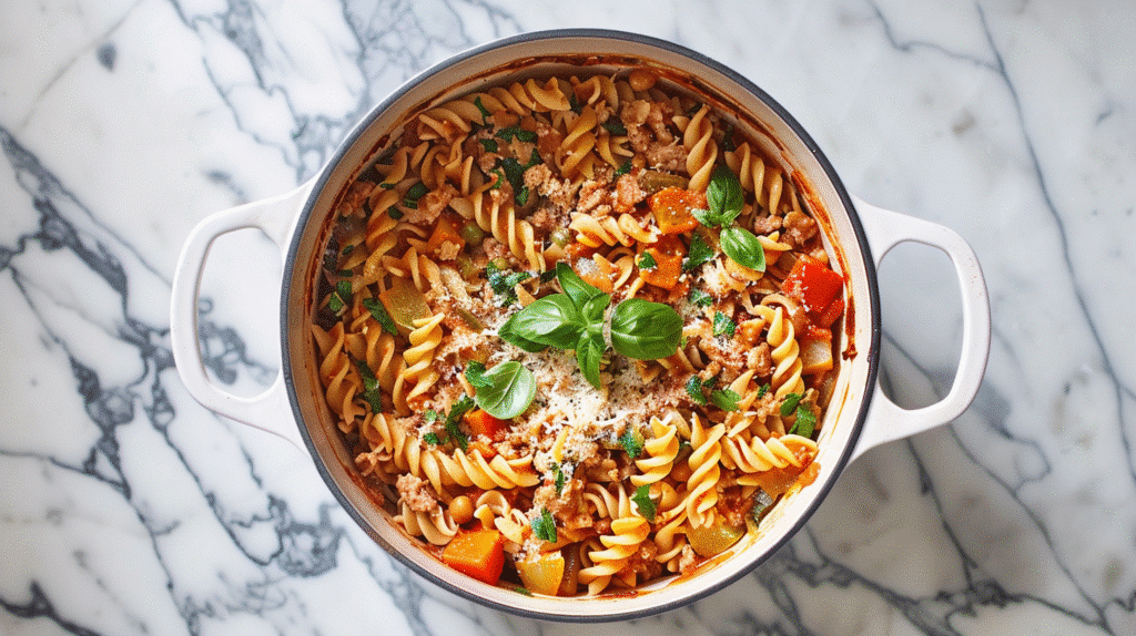 One-pot gluten-free pasta in white Dutch oven ,One-Pot Gluten-Free Pasta Recipes for Busy Families