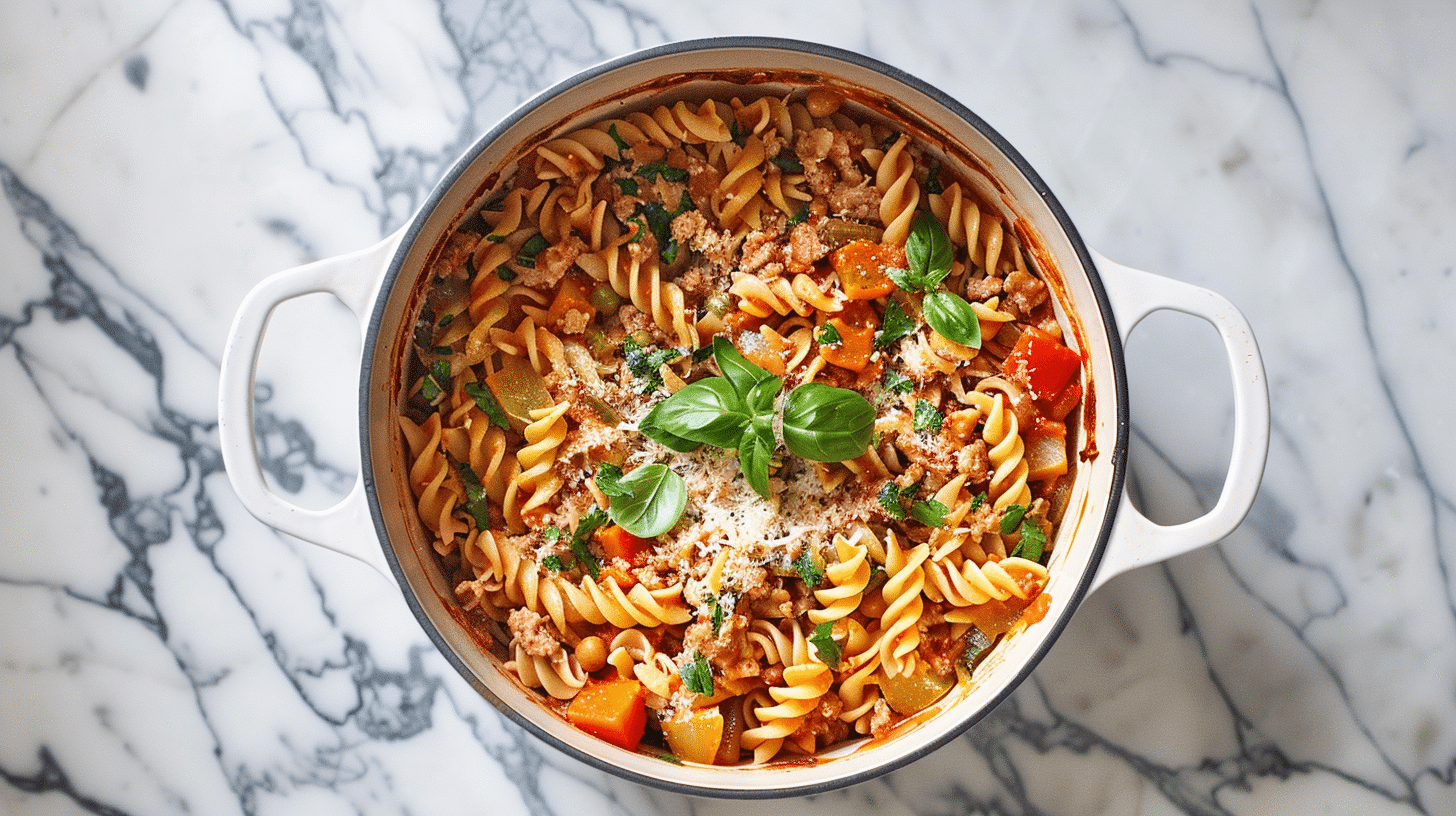 One-pot gluten-free pasta in white Dutch oven ,One-Pot Gluten-Free Pasta Recipes for Busy Families
