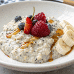 Gluten-free overnight oats with yogurt, milk, chia, honey, and fruit