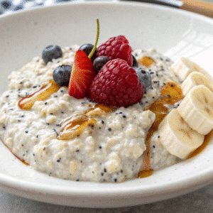 Gluten-free overnight oats with yogurt, milk, chia, honey, and fruit