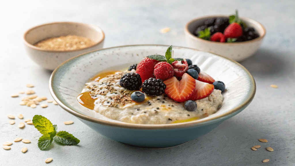 Overnight oats gluten-free served on a plate with fresh berries