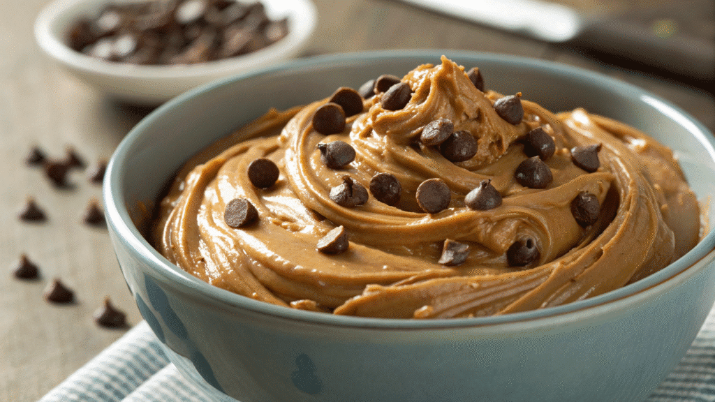 Peanut Butter & Chocolate Chip melting together in rustic bowl