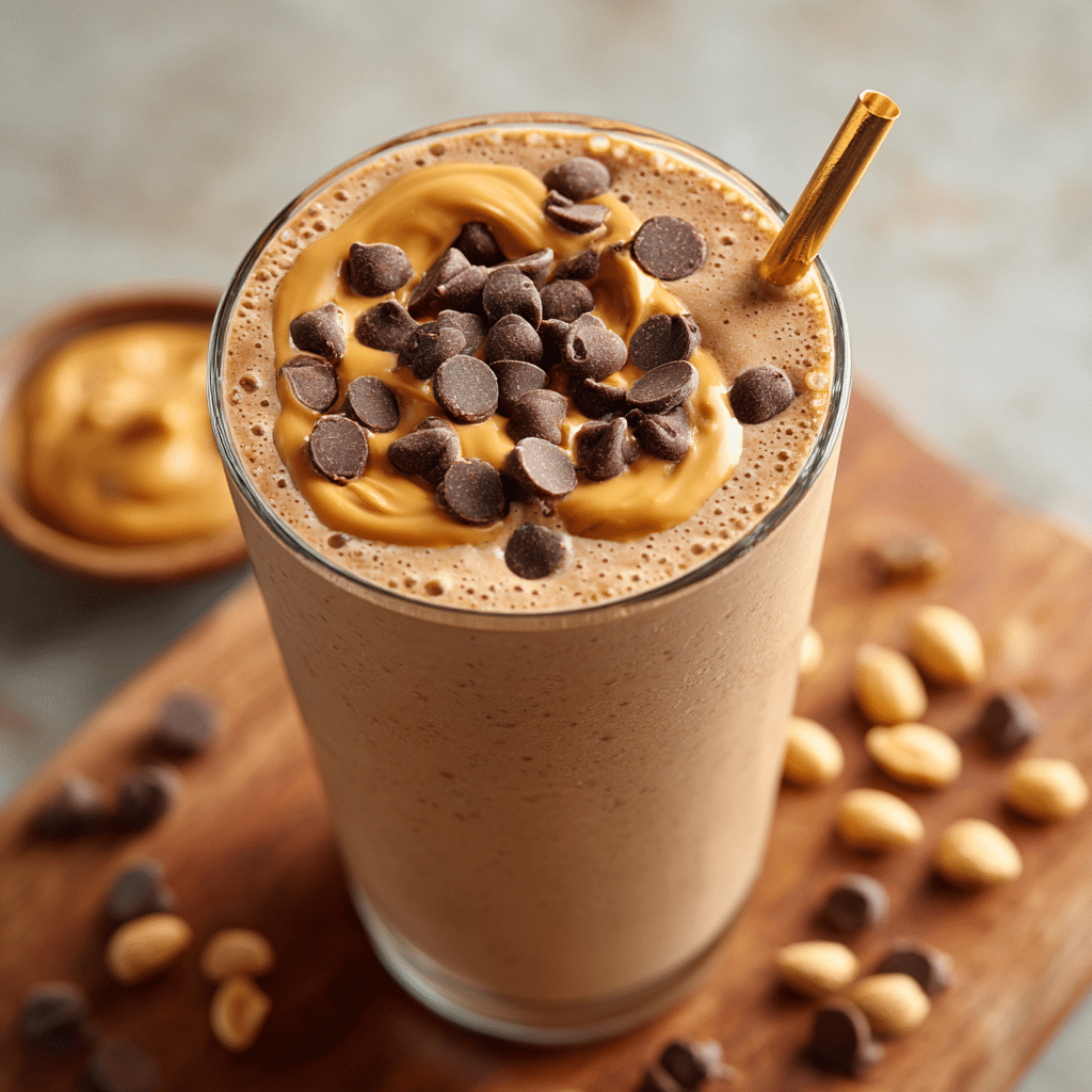 Peanut butter and gluten-free chocolate chip smoothie in a clear glass with chocolate chip garnish.
